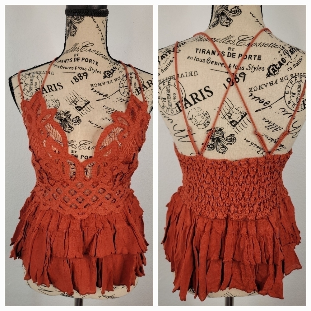 Free People Adella Crochet Cami Large Lace Tiered Sleeveless In Winding NEW - Picture 3 of 10